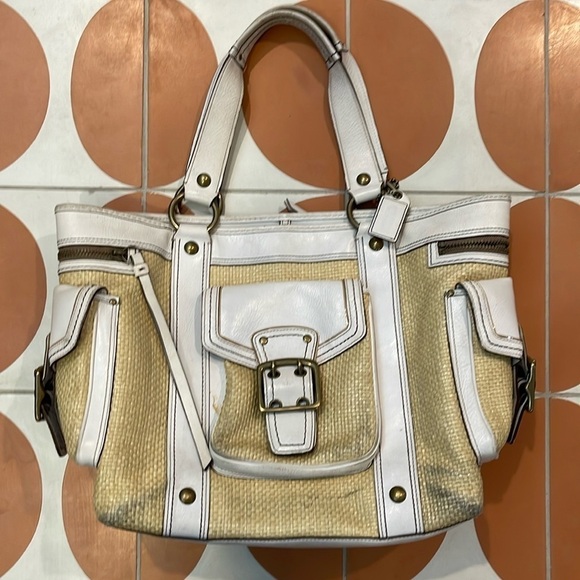 Coach White Leather and Straw Bag 114